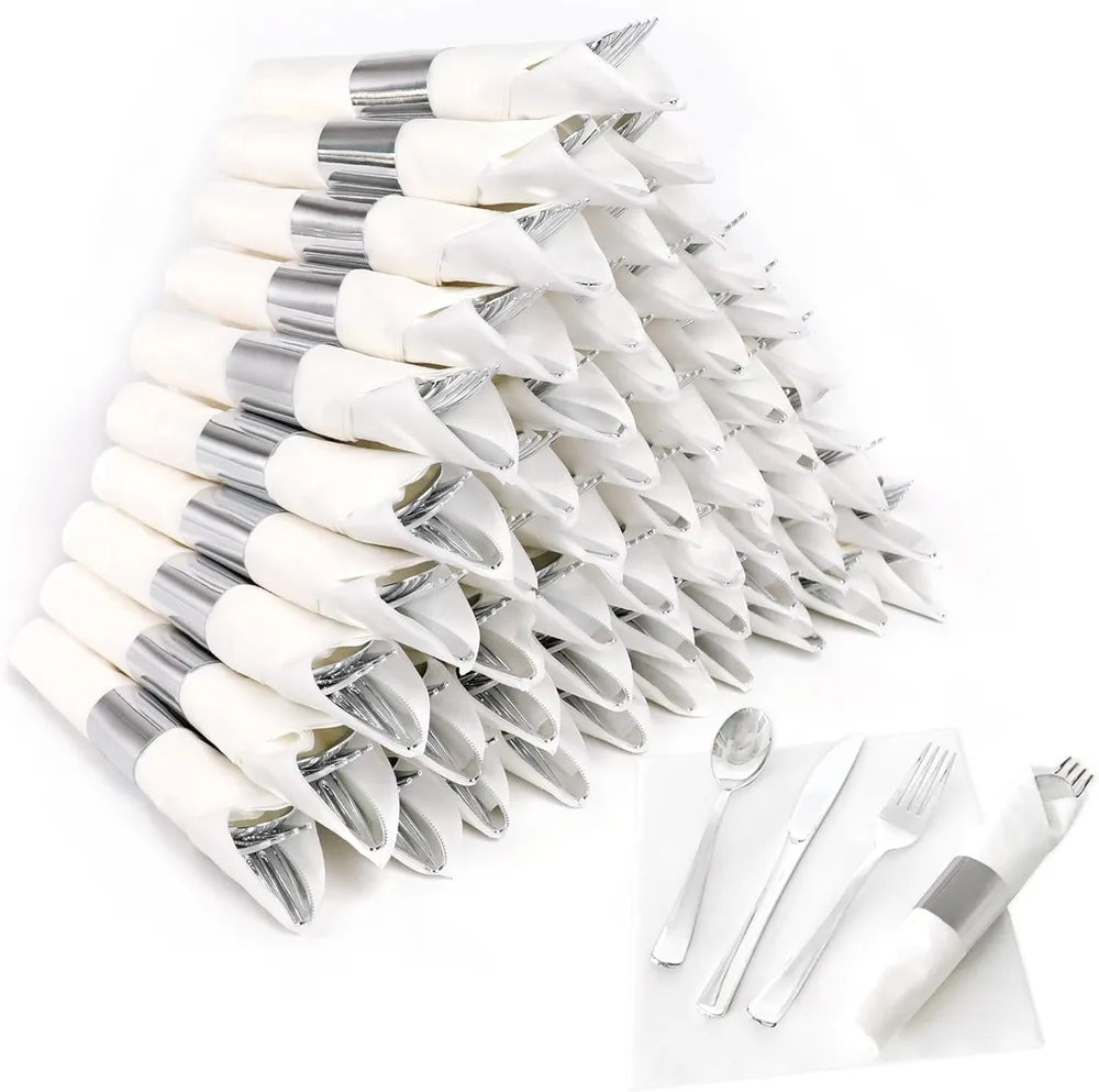50 Pack Pre Rolled Rose Gold Plastic Silverware Set,Wrapped Plastic Cutlery Set With Napkin Include 50 Forks,50 Spoons,50 Knives And 50 Black Napkins For Party, Wedding