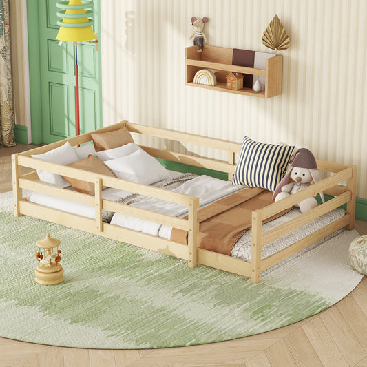Twin Size Floor Bed, Montessori Floor Bed With Fence, Kids Montessori Bed Twin Size, Wood Montessori Floor Bed For Kids, Girls, Boys Natural.