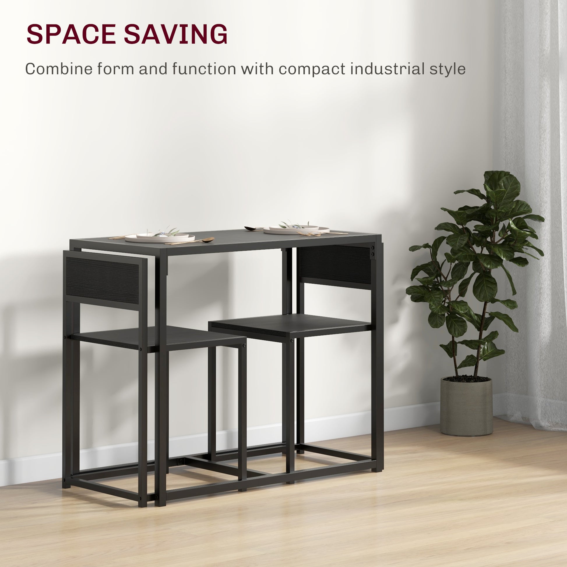 3-Piece Dining Room Set, Industrial Kitchen Table Set With Rectangular Table And 2 Dining Chairs, Black