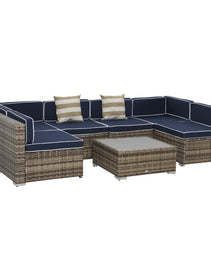 7-Piece Outdoor Wicker Patio Sofa Set, Modern Rattan Conversation Furniture Set with Cushions, Pillows and Tea Table - Blue