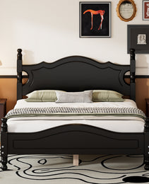 Full Size Wood Platform Bed Frame,Retro Style Platform Bed With Wooden Slat Support,Black