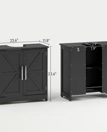 Farmhouse Pedestal Sink Storage Cabinet, Bathroom Sink Cabinet with 2 Barn Doors and Adjustable Shelf, Distressed Black