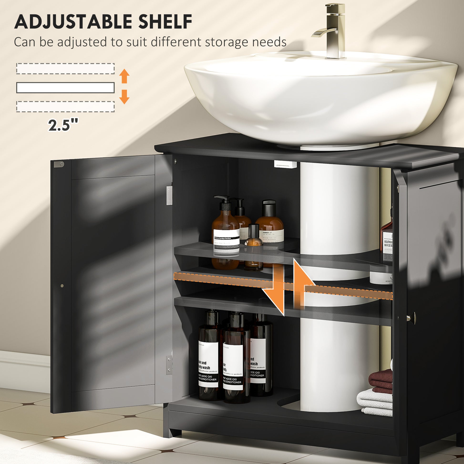 Pedestal Sink Storage Cabinet, Bathroom Sink Cabinet with U-Shape Cut-Out and Adjustable Shelf, Black