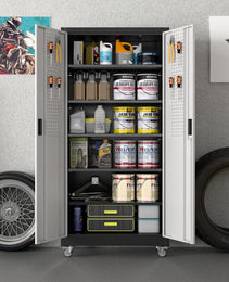 Aobabo Upgrade Metal Garage Storage Cabinet With Wheels And Pegboards, 5 Adjustable Shelves Steel Storage Cabinets For Home,Warehouse,Garage,Assembly Required,Black And Sliver
