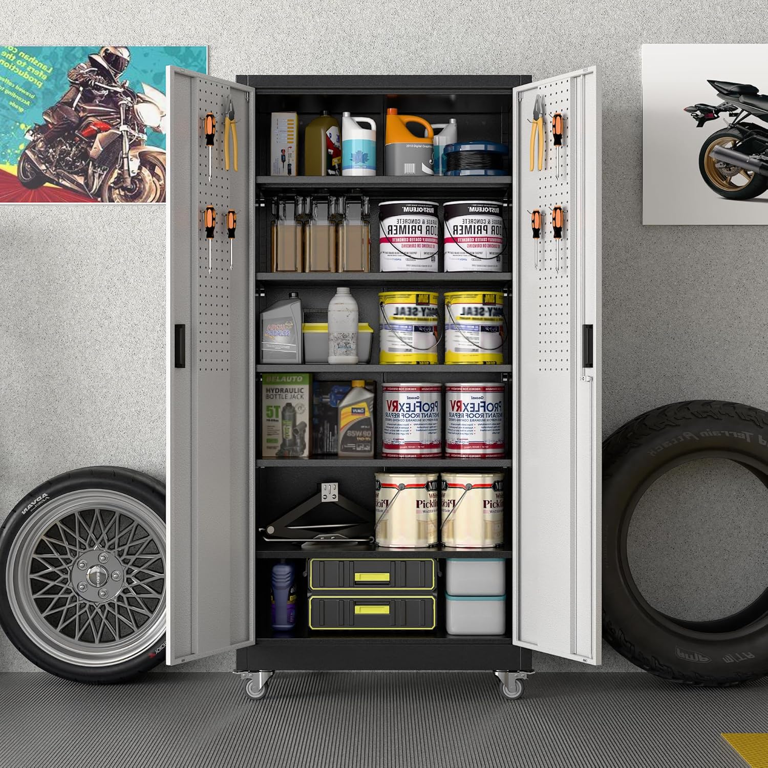 Aobabo Upgrade Metal Garage Storage Cabinet With Wheels And Pegboards, 5 Adjustable Shelves Steel Storage Cabinets For Home,Warehouse,Garage,Assembly Required,Black And Sliver