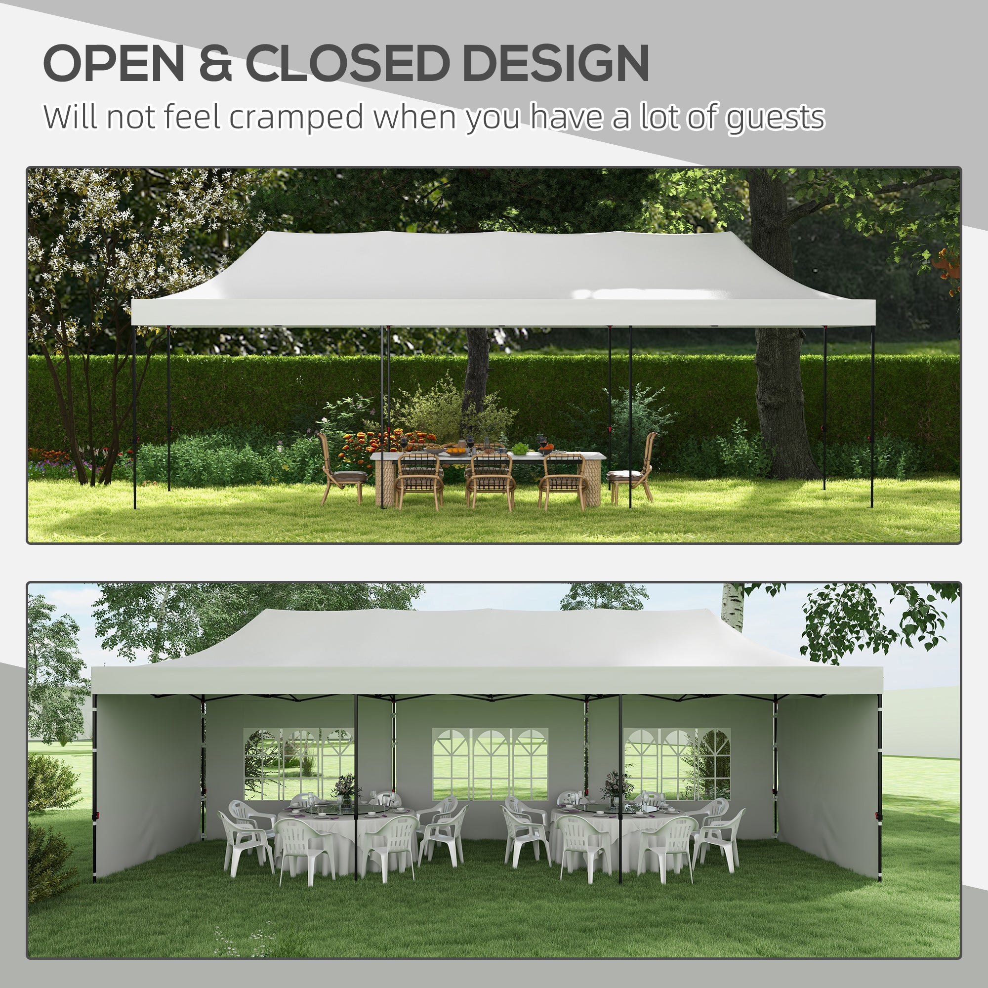 9.5' x 28' Pop Up Canopy Tent, Instant Tent for Parties, Height Adjustable, with Carry Bag and Sand Bags