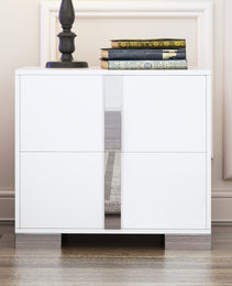 Elegant Nightstand With Metal Foot, Mirrored Bedside Table With 2 Drawers For Bedroom, Living Room, White