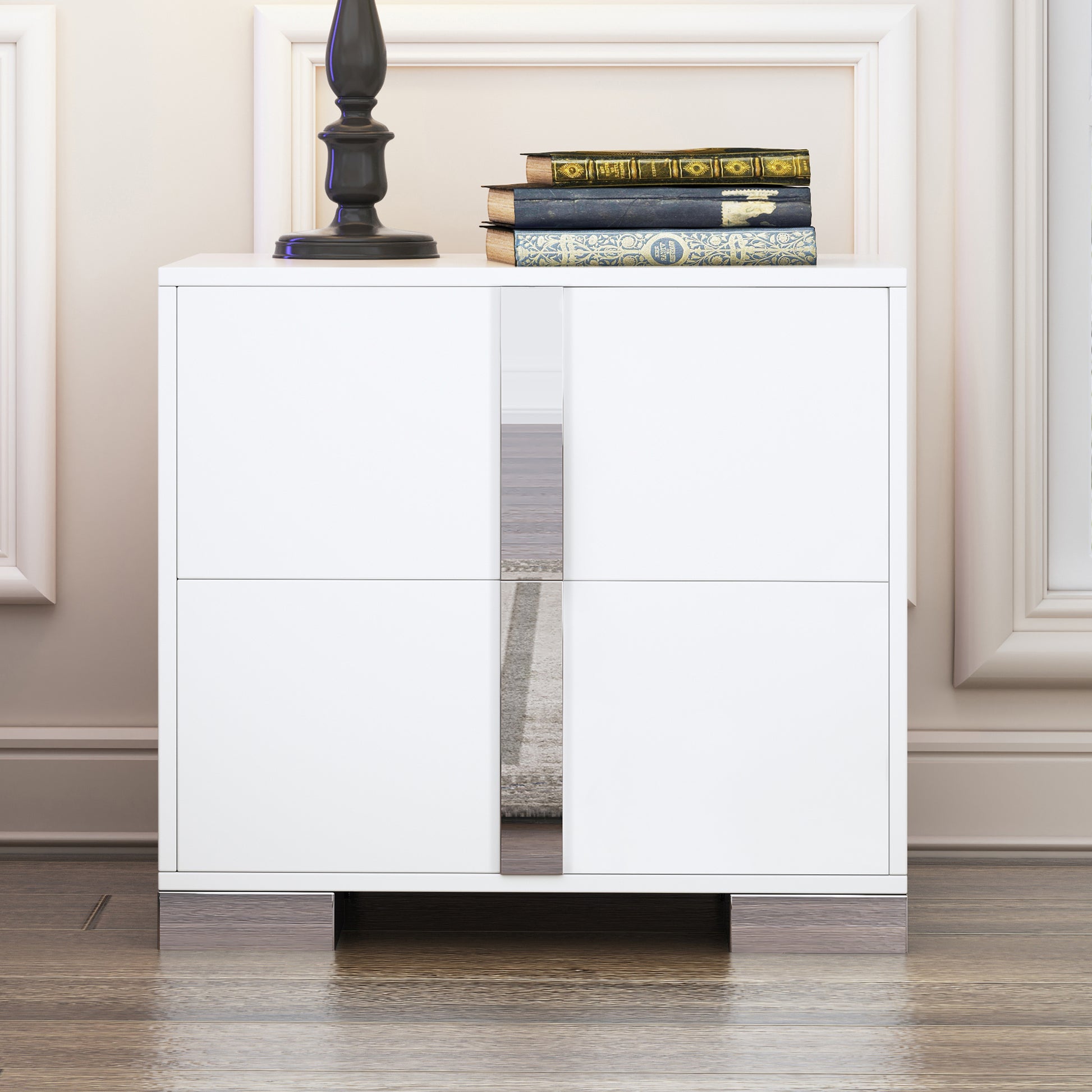 Elegant Nightstand With Metal Foot, Mirrored Bedside Table With 2 Drawers For Bedroom, Living Room, White