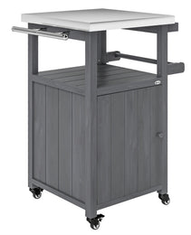Outdoor Grill Cart with Stainless Steel Top, Solid Wood Outdoor Kitchen Island with Wheels, Integrated Hole, Dark Gray