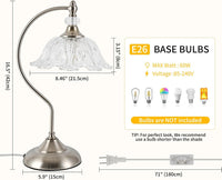 Brushed Nickel Table Lamp with a Floral Clear Glass Shade, a Plug-In Nightstand Lamp in Brushed Nickel Finish for Bedroom, Living Room,Office, and Desk