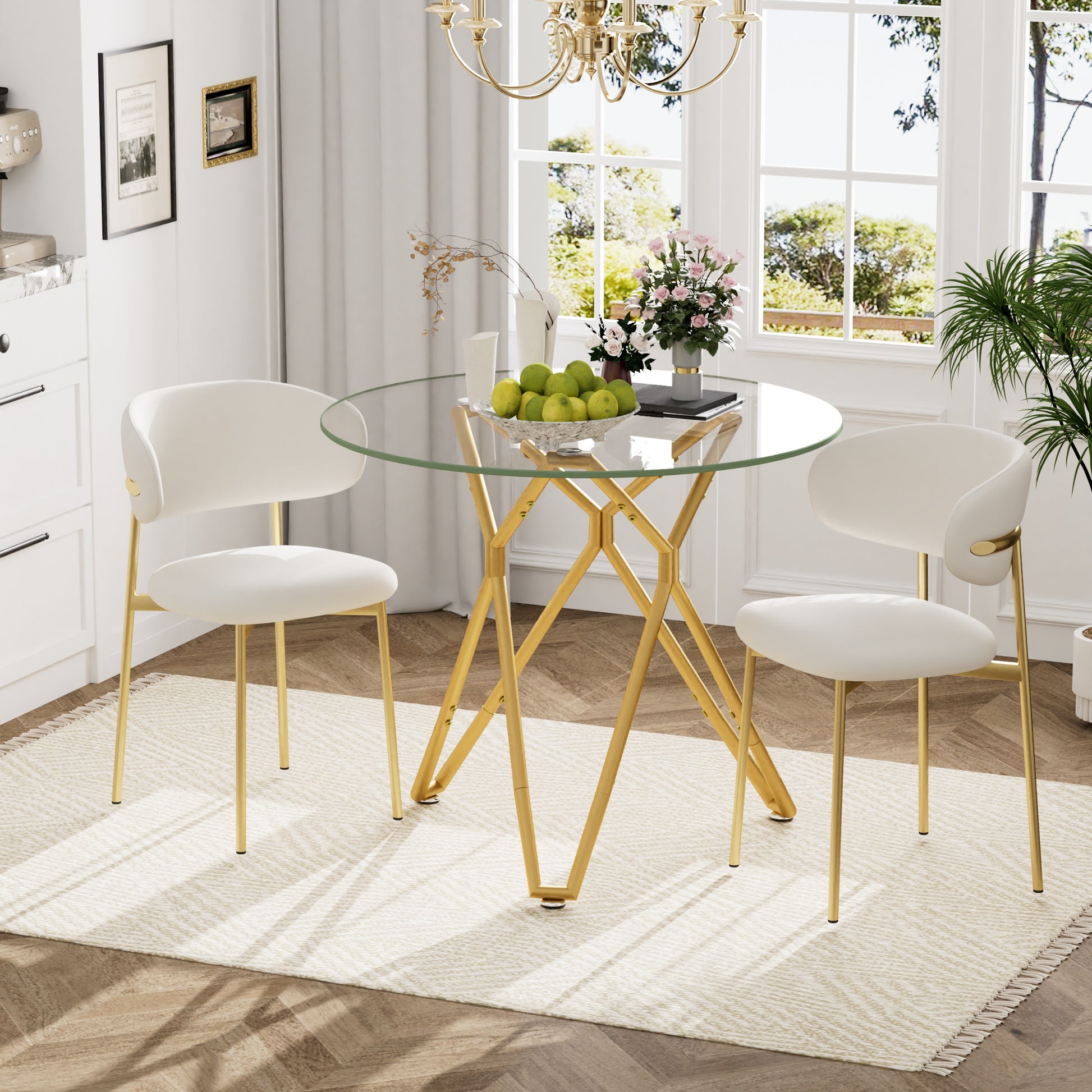 35.4-inch Round Tempered Glass Dining Table, Suitable For 1-4 People, Space-saving Small Kitchen Dining Table, Equipped With Sturdy Metal Table Legs, Suitable For Dining Room, Living Room,Gold