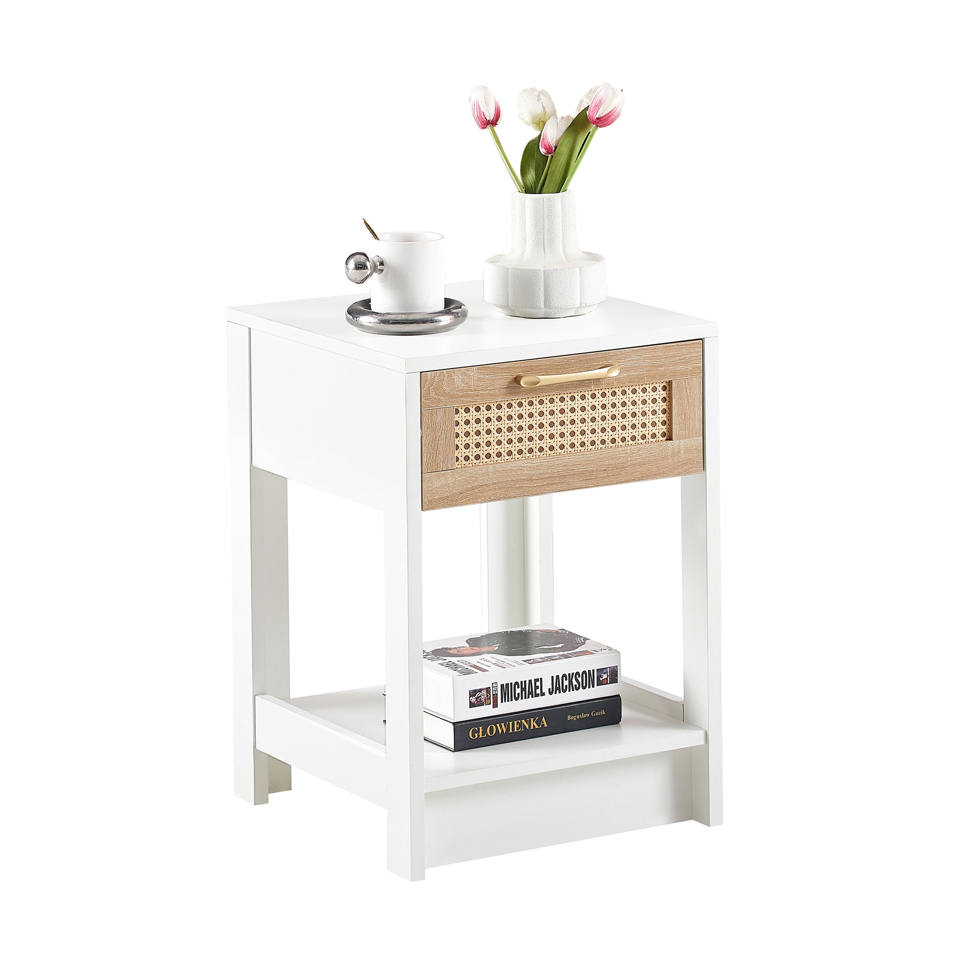 Rattan End Table With Drawer Modern Nightstand Side Table For Living Room