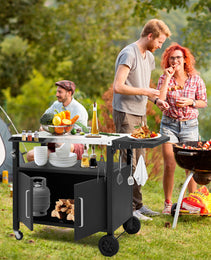 Outdoor Grill Cart With Storage, Rolling Bar Cart Movable Kitchen Island For BBQ, Patio Dining Cart Table For Food Prep With Wheels Hooks Foldable Top