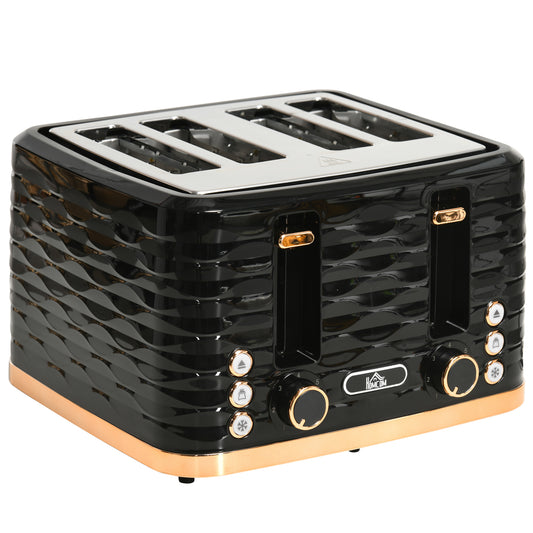 Modern Black 4-Slice Toaster – 1600W Ripple Textured Station with 7 Browning Levels & High-Lift Lever