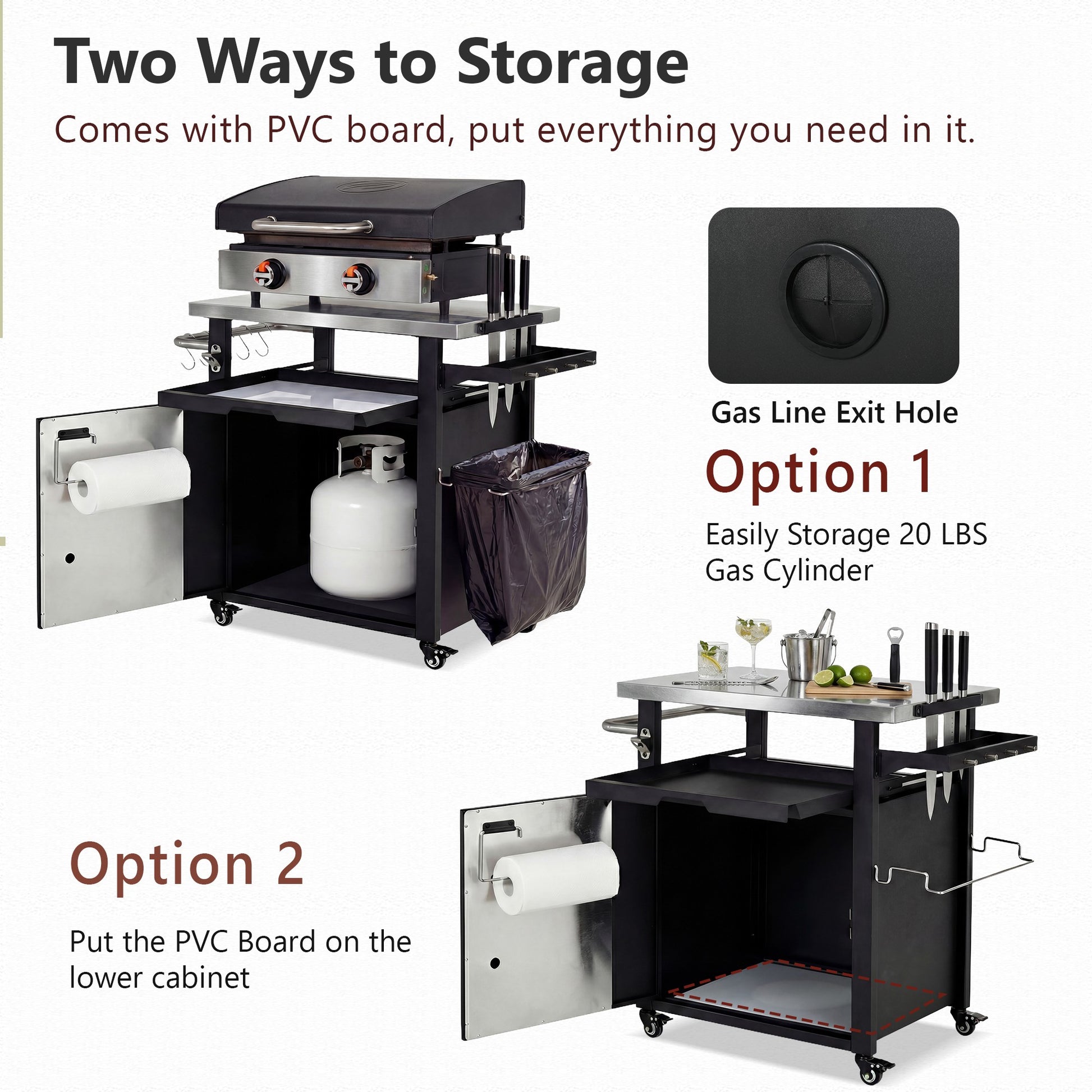 K&K 39.5  Outdoor Grill Cart With Storage Cabinet, Outdoor Bar Cart Pizza Oven Table With Wheels, Stainless Steel Top, Outdoor Kitchen Island With Spice & Paper Rack For BBQ, Waterproof Cover Included
