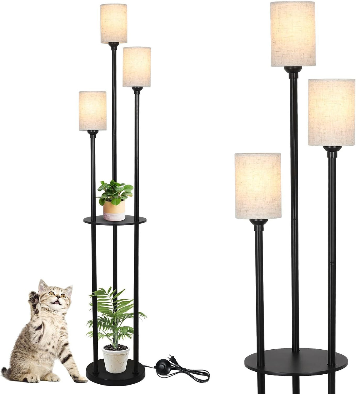 Floor Lamp With Shelf, Floor Lamp For Modern Living Room, 3 Light Standing Lamp With Linen Shade And Foot Switch Unavailable Platforms- CJDS
