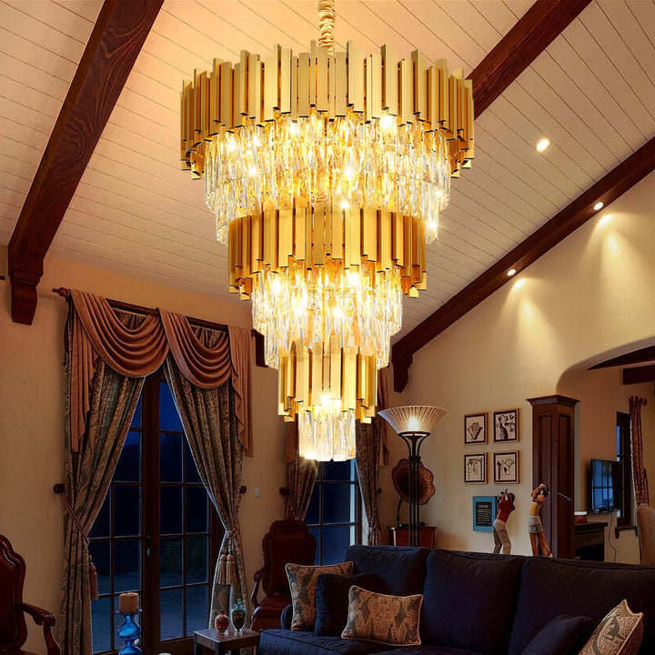 Modern Gold 5-Tier Chandelier Lighting Luxury Long Staircase K9 Crystal Chandeliers Large Foyer Villa Entrance Chandeliers for High Ceiling