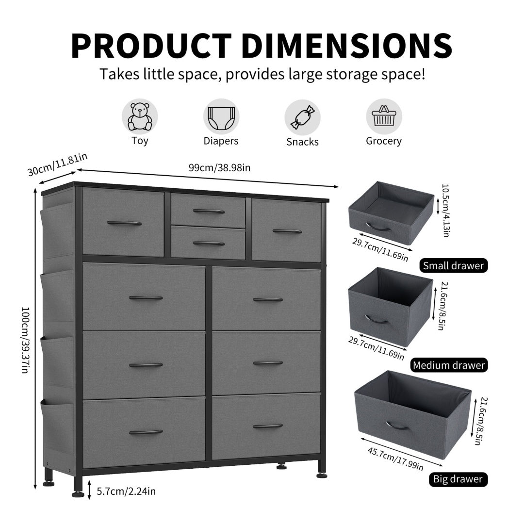 10-Drawer Dresser With Side Pocket & Hooks, Storage Cabinet With Wood Top For Bedroom Closet Organization