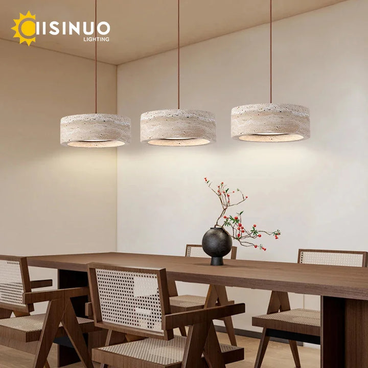 Wabi Sabi Cave Natural Stone Pendant Lamp Travertine Stone Round LED Dining Room Chandelier Adjustable Hanging for Kitchen Islan