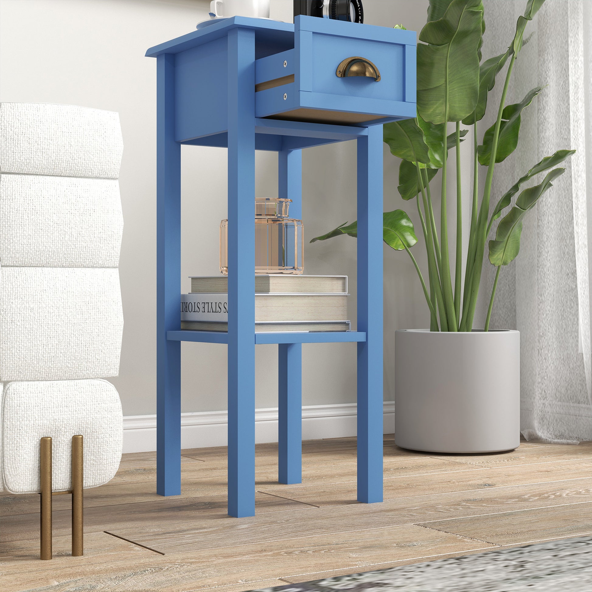 2-Tier Side Table With Drawer And Shelf, End Table ,Light Blue