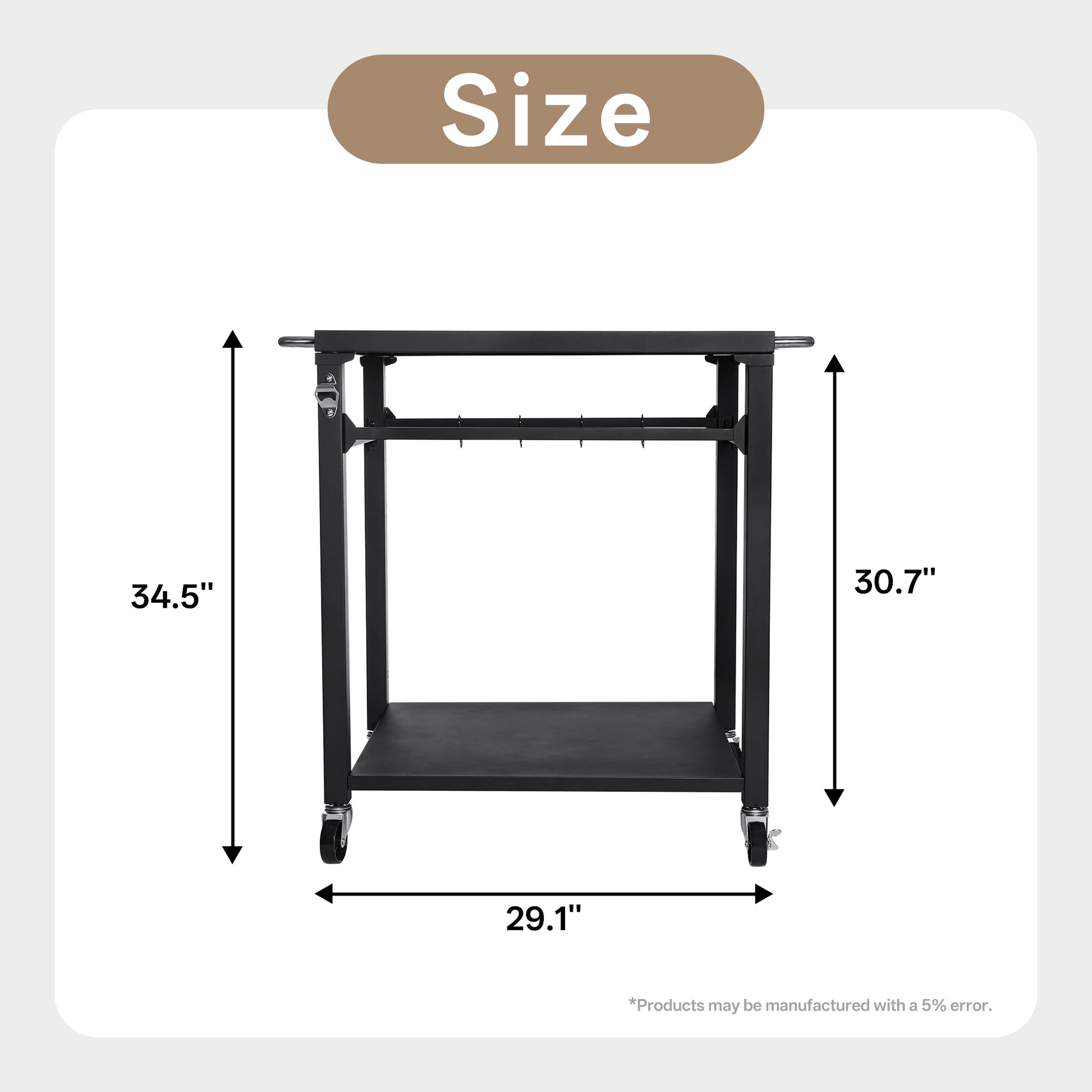 2-Tier Outdoor Grill Cart With Locking Wheels & Tool Hooks, Movable BBQ Prep Table, Rolling Serving Bar Cart For Patio, Backyard, Pizza Oven Stand, Black