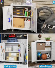Metal Storage Cabinet With 2 Doors And 4 Hooks,Top Workbench Mobile Tool Chests Garage Cabinets With 4 Wheels And Lock Push Arm For Home,Office,Shop White