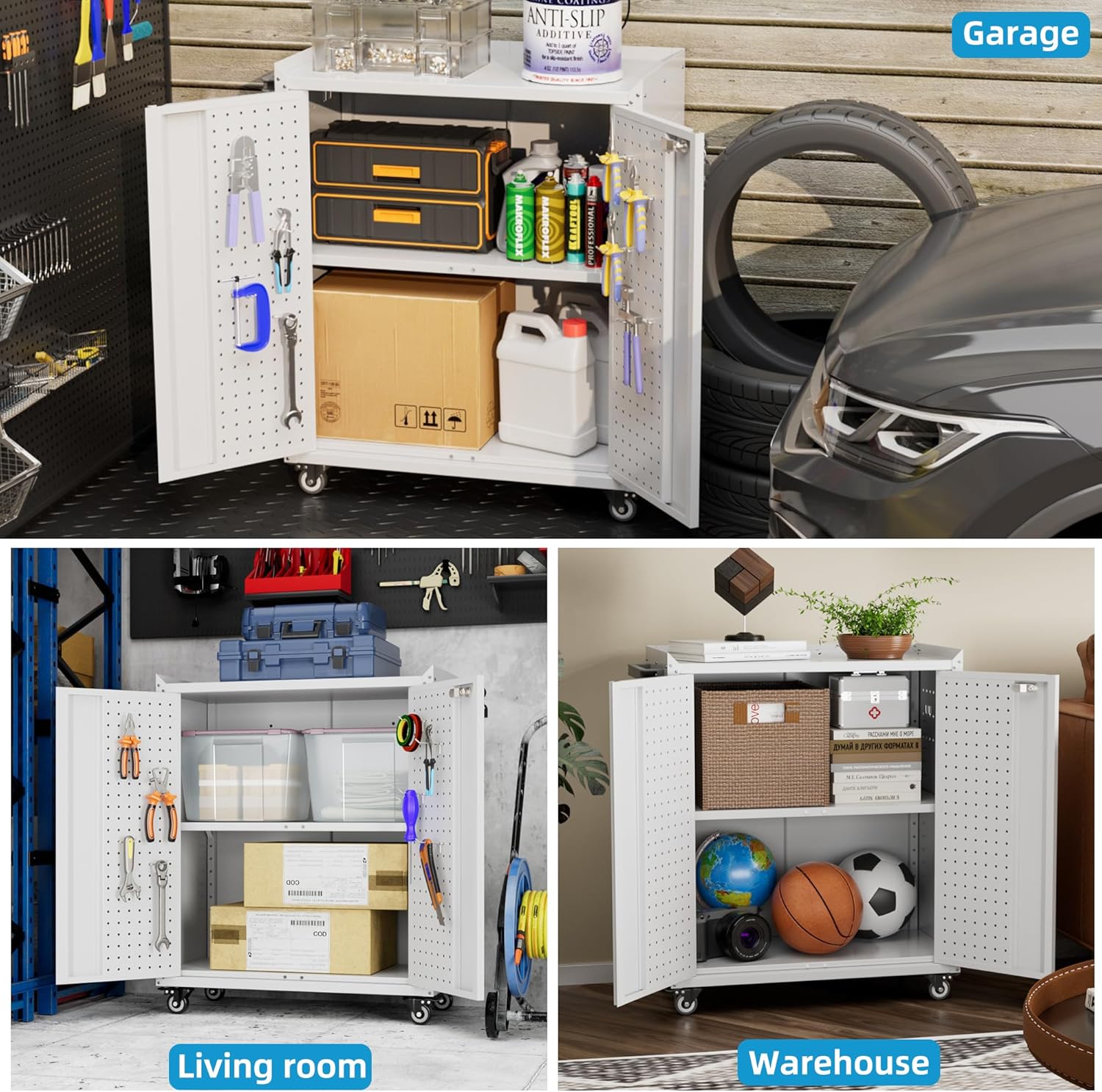 Metal Storage Cabinet With 2 Doors And 4 Hooks,Top Workbench Mobile Tool Chests Garage Cabinets With 4 Wheels And Lock Push Arm For Home,Office,Shop White