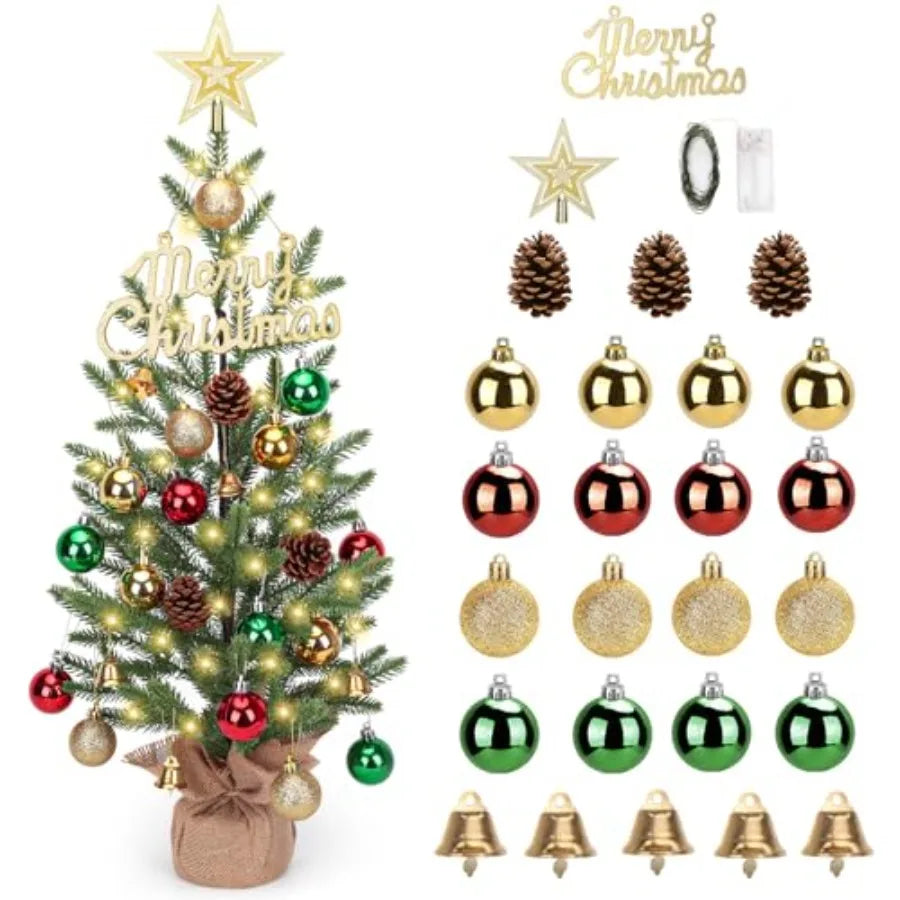 2FT Mini Christmas Tree, Tabletop Christmas Tree with 30 LED Lights - Timer and 26 DIY Ornaments, 24 Inch Artificial Small Chri