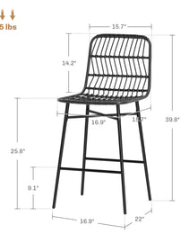 Rattan Counter Bar Stools Set Of 2, 26 Counter Height Barstools With Back, Bar Chairs For Kitchen Island, Black