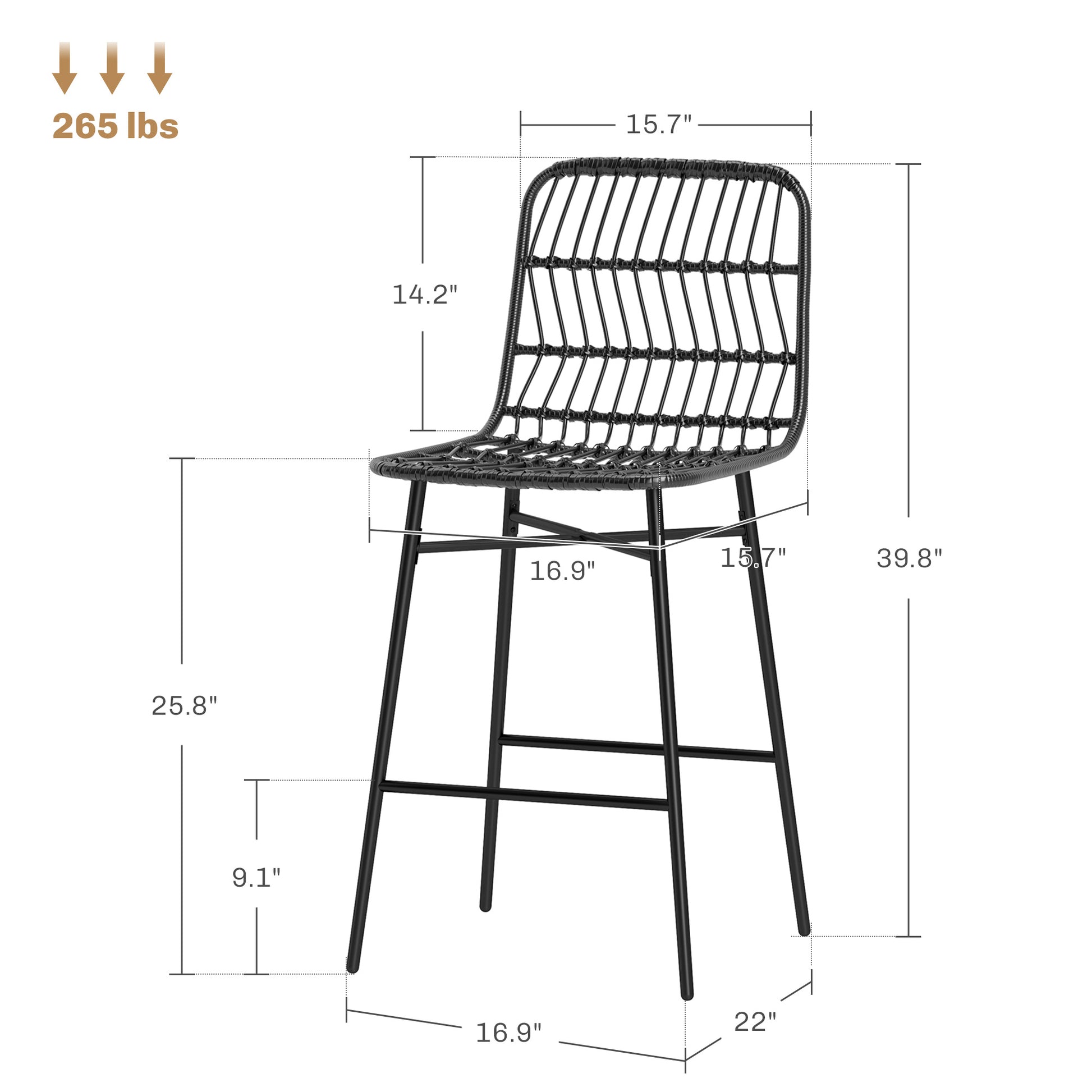 Rattan Counter Bar Stools Set Of 2, 26 Counter Height Barstools With Back, Bar Chairs For Kitchen Island, Black