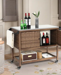 Outdoor Wicker Bar Cart, Patio Wine Serving Cart, Rolling Rattan Beverage Bar Counter Table