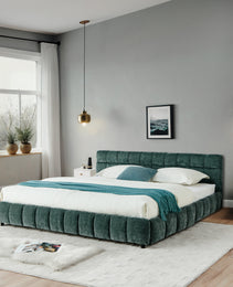 California King Size Upholstered Bed ,comfortable Upholstered Bed Frame, Chenille Fabric, With Headboard And Solid Bed Frame. With Drawer For Storage.-Blue Green 90.5x80.5x31