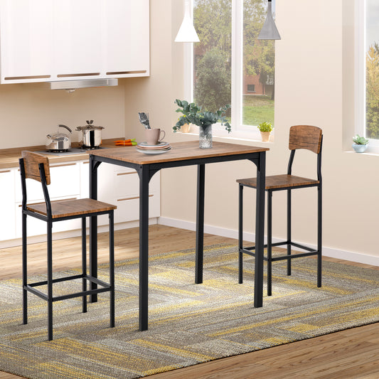 3 Piece Pub Table and Chairs, Small Kitchen Table and Chairs, Square Dining Table with 2 Stools, Walnut and Black