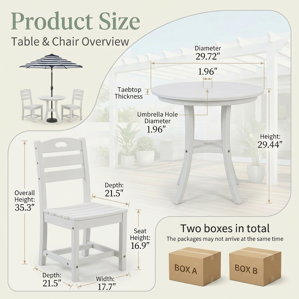 White 3-Piece Outdoor Bistro Set   Round Table Set   Patio Dining Set   2 Chairs