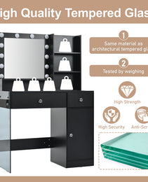 Vanity Desk With Mirror And 3 Lighting Modes, Makeup Vanity With Glass Top And Storage Shelves, Dressing Table With 2 Drawers And Cabinet - CJDS