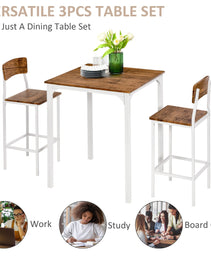 3 Piece Industrial Counter Height Dining Table Set, Bar Table & Chairs with Steel Legs & Footrests, White