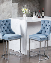 26  Counter Height Bar Stools Set Of 2, Modern Velvet Barstools With Button Back&Rivet Trim Upholstered Kitchen Island Chairs With Sturdy Chromed Metal Base Legs Farmhouse Bar Stools,Light Blue,2 Pack