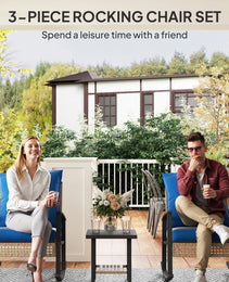 3 Pieces Bistro Set, Patio Wicker Furniture Set With Button Tufted Cushions, Rattan Rocking Chairs, Coffee Table, Blue
