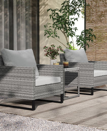 3PCS Patio Set, Wicker Bistro Set With Cushions, Rattan Chairs, Glass Coffee Table For Backyard, Porch, Balcony, Gray