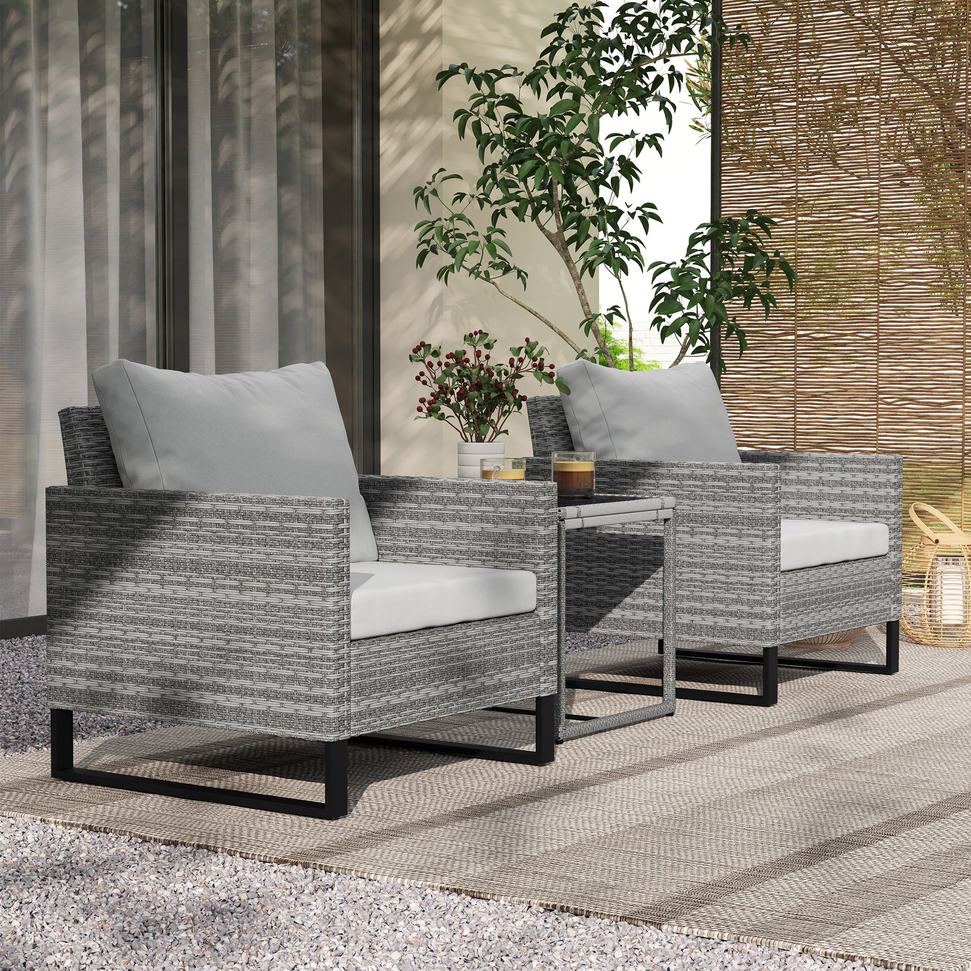 3PCS Patio Set, Wicker Bistro Set With Cushions, Rattan Chairs, Glass Coffee Table For Backyard, Porch, Balcony, Gray