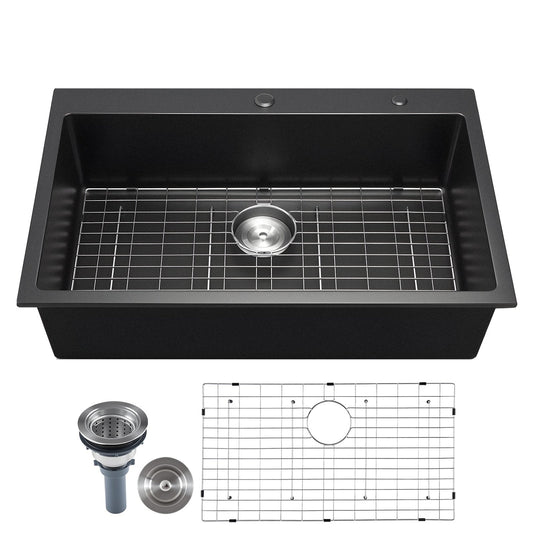 Granite Composite Single Bowl Kitchen Sink – Matte Black Quartz Workstation with Protective Grid & Drain Kit