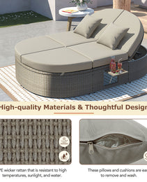 TOPMAX Outdoor Sun Bed Patio 2-Person Daybed With Cushions And Pillows, Rattan Garden Reclining Chaise Lounge With Adjustable Backrests And Foldable Cup Trays For Lawn,Poolside, Gray