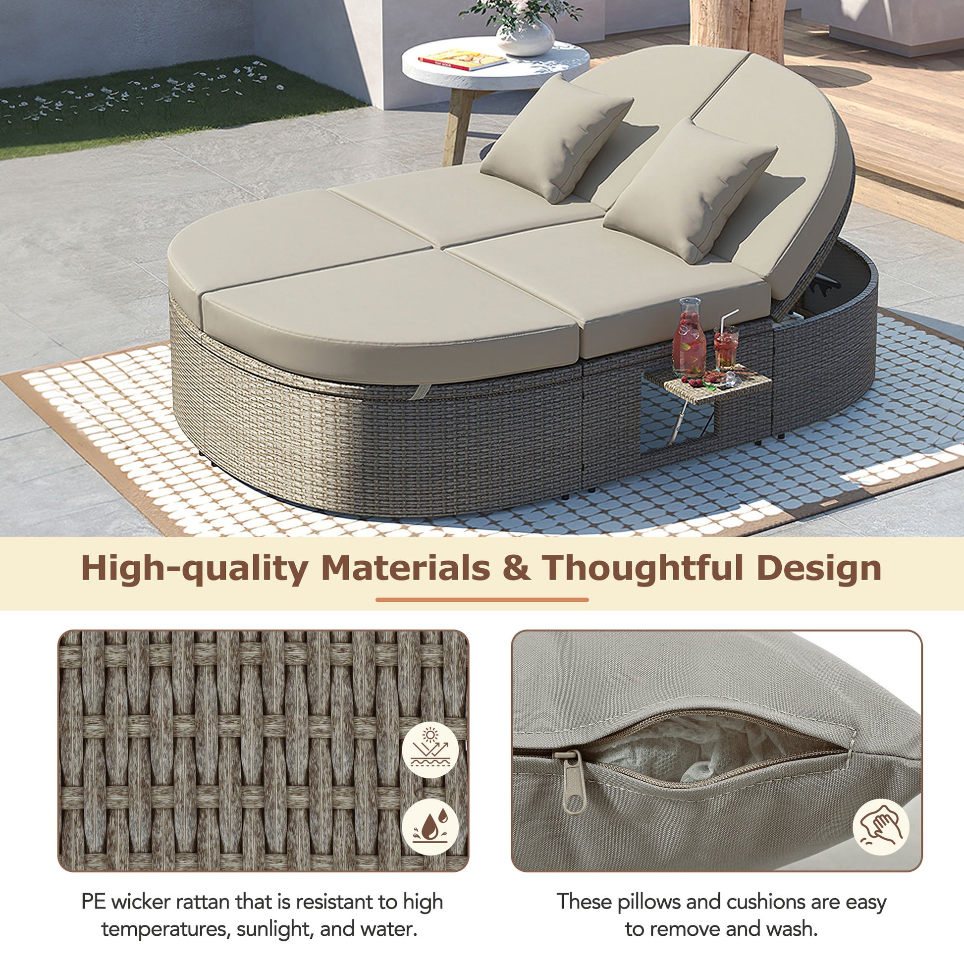 TOPMAX Outdoor Sun Bed Patio 2-Person Daybed With Cushions And Pillows, Rattan Garden Reclining Chaise Lounge With Adjustable Backrests And Foldable Cup Trays For Lawn,Poolside, Gray