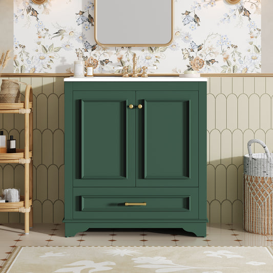 30 Luxurious Bathroom Vanity With Ceramic Sink, Bathroom Vanities Cabinet With 2 Large Soft Closing Doors, Solid Wood Frame Bathroom Storage Cabinet