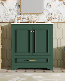 30 Luxurious Bathroom Vanity With Ceramic Sink, Bathroom Vanities Cabinet With 2 Large Soft Closing Doors, Solid Wood Frame Bathroom Storage Cabinet