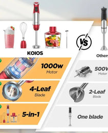 KOIOS 5-in-1 Hand Immersion Blender, 1000W 12 Speed Handheld Blender, Copper Motor Stainless Steel Blade Stick Blender,600ml Mixing Beaker,500ml Food Processor, Whisk, Milk Frother, BPA-Free, Red