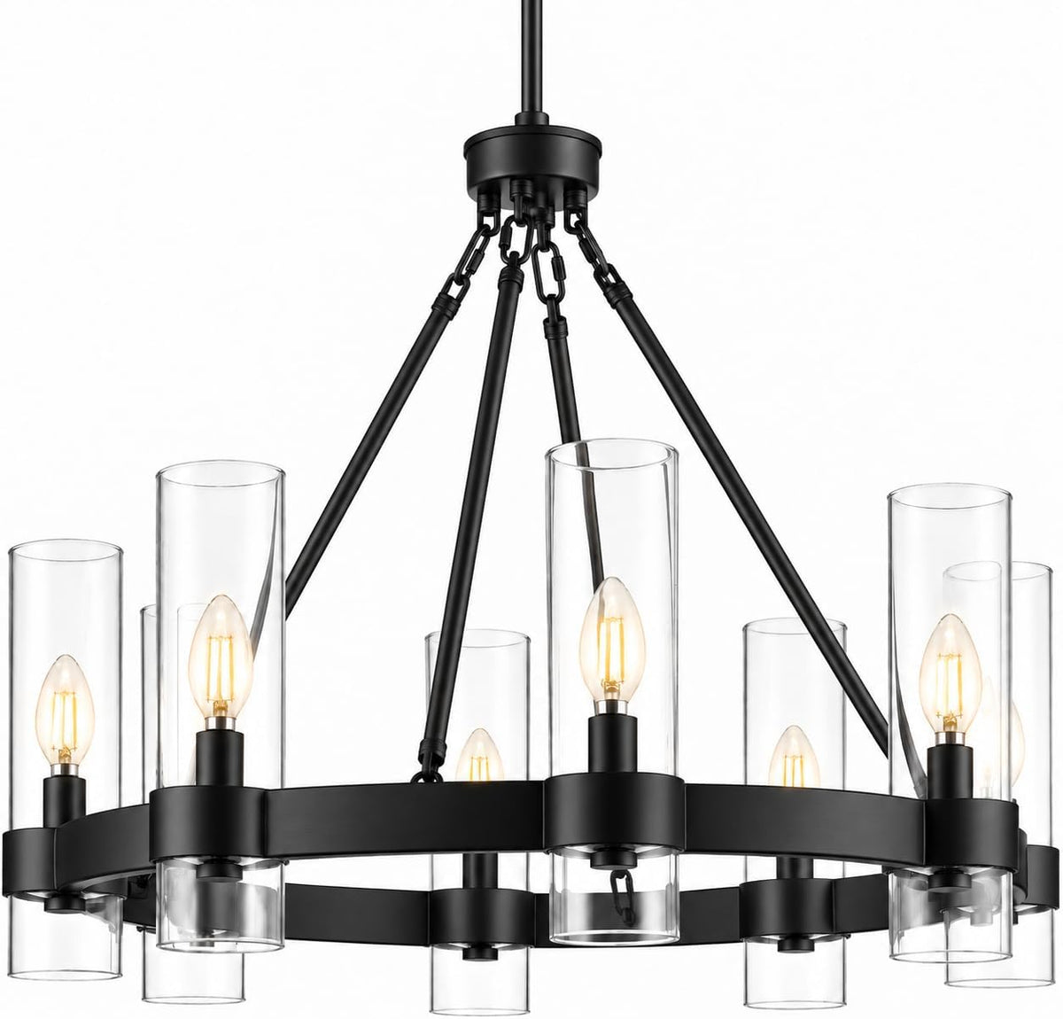 Teramo Black Wagon Wheel Chandelier, 26 Inch round Dining Room Light, Clear