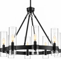 Teramo Black Wagon Wheel Chandelier, 26 Inch round Dining Room Light, Clear