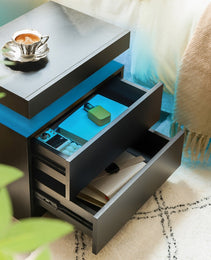 Nightstand LED Bedside Table Cabinet Lights Modern End Side With 2 Drawers For Bedroom Black