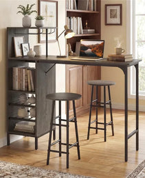 3PCS Bar Table & Stools Set, Wine Storage (6 Bottles + Wine Glass Holder), Oak